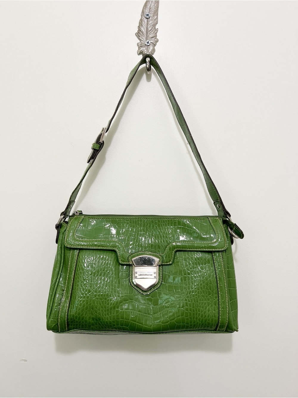 Vintage Green Croc-Embossed Shoulder Bag